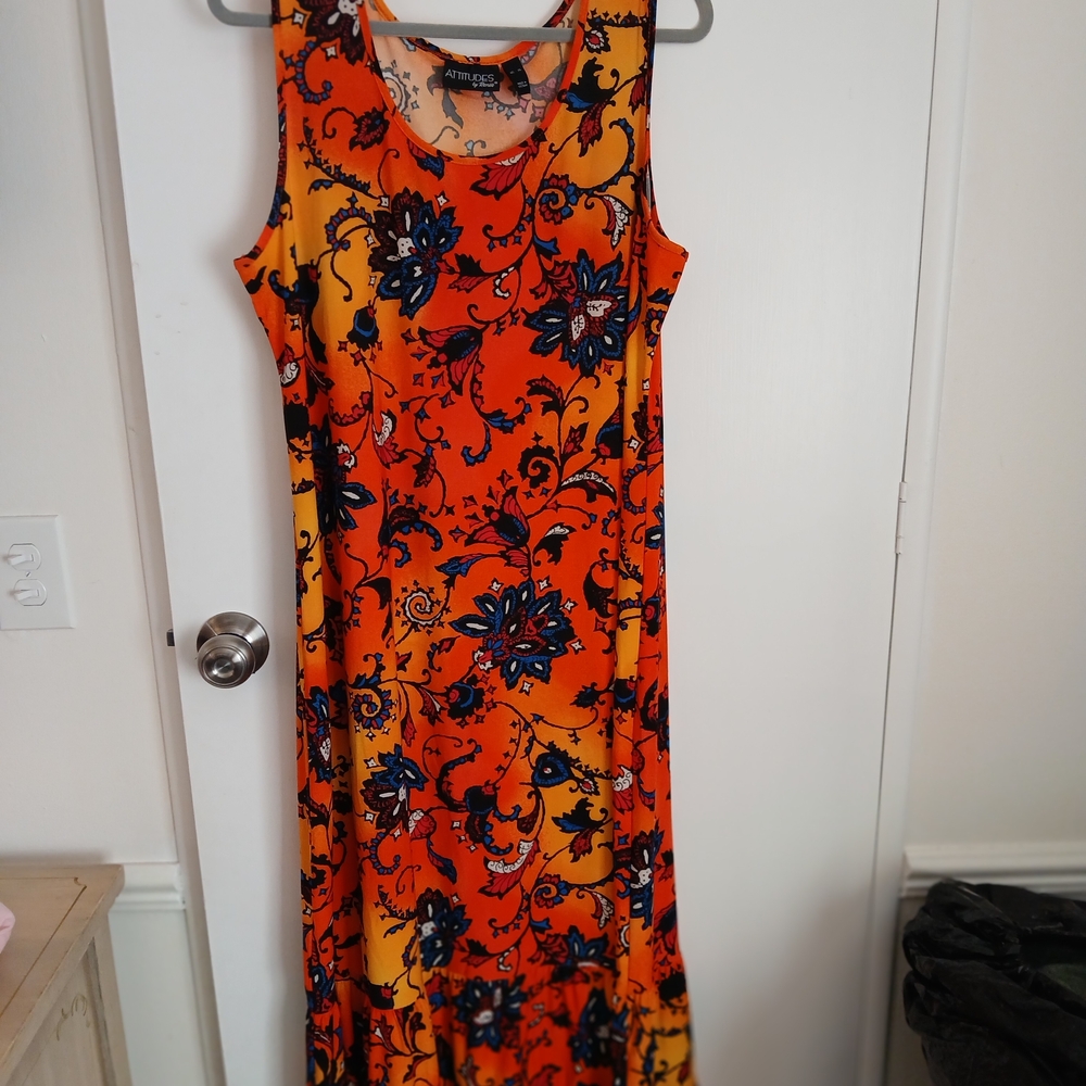 Orange and Blue Floral Sleeveless Sun Dress